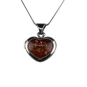 JK Vintage Sterling Silver Necklace Amber Heart Pendant 18" Snake Chain Locket